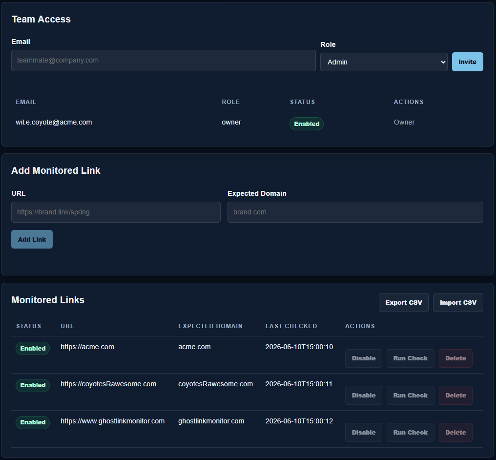 GhostLink portal showing team access and a list of monitored links for a fictional company